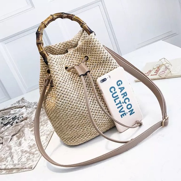 ππ TULUM Bamboo Handle Straw Bucket Bag - Picture 7 of 8